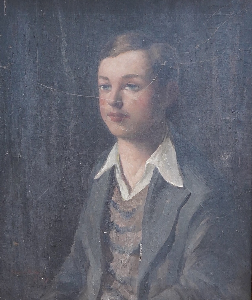 Attributed to Vernon Ward (1905-1985), Half length portrait of a seated young boy, bears signature and date 1927, oil on canvas, 59 x 49cm, applied plaque to the frame